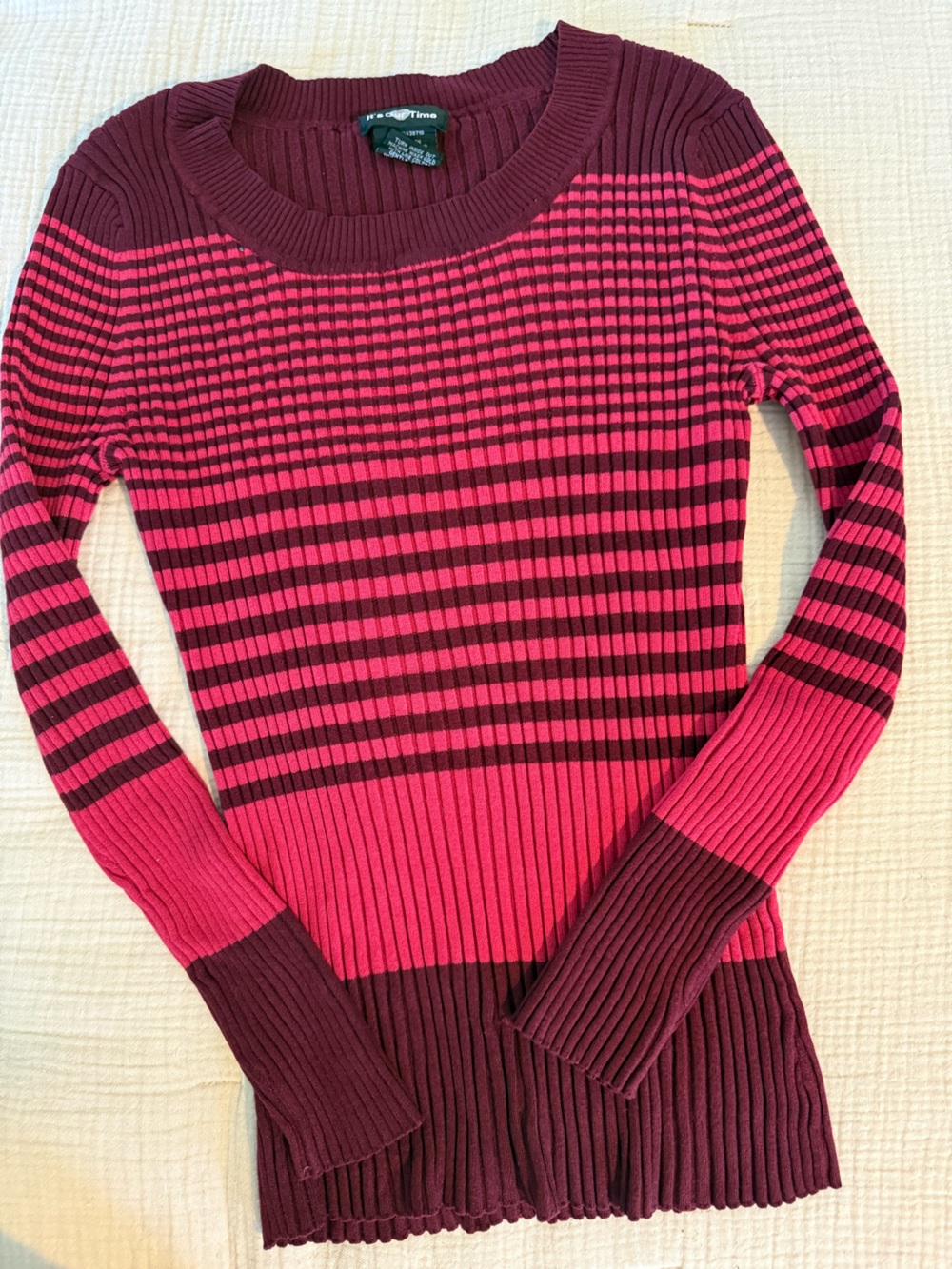 It’s Our Time Stretch Striped Maroon Pink Crew Neck Long Sleeve Ribbed Top, XL